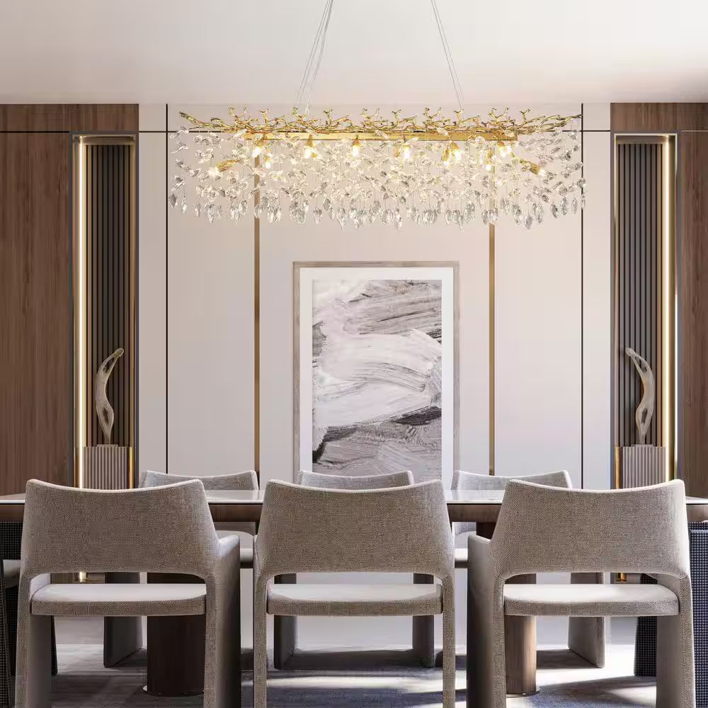 47.2 In. Modern 14-Lights Gold Luxury Crystal Linear Chandelier for Dining Room