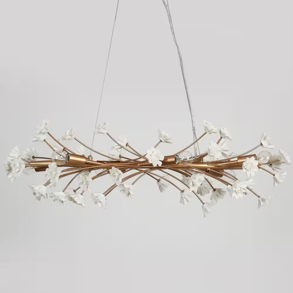 Modern Gold Bedroom Kitchen Chandelier Light, 32 In. 6-Light Linear Dining Room Hanging Light with White Ceramic Flowers