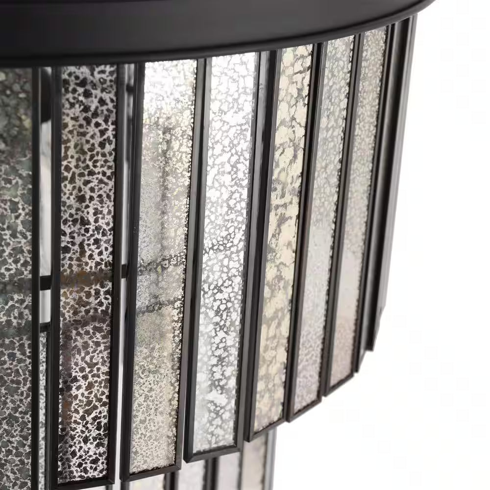 Hemera 4-Light Black Modern Drum Chandelier with 2-Tier Plated Mercury Glass Shade Living Room Silvered Hanging Light