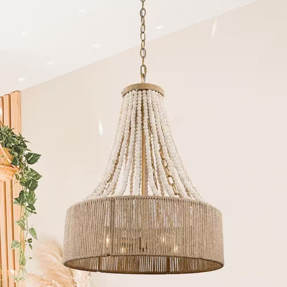 Farmhouse 17.7 In. 4-Light Antique Gold Empire Wood Beaded Chandelier with Jute Rope Shade
