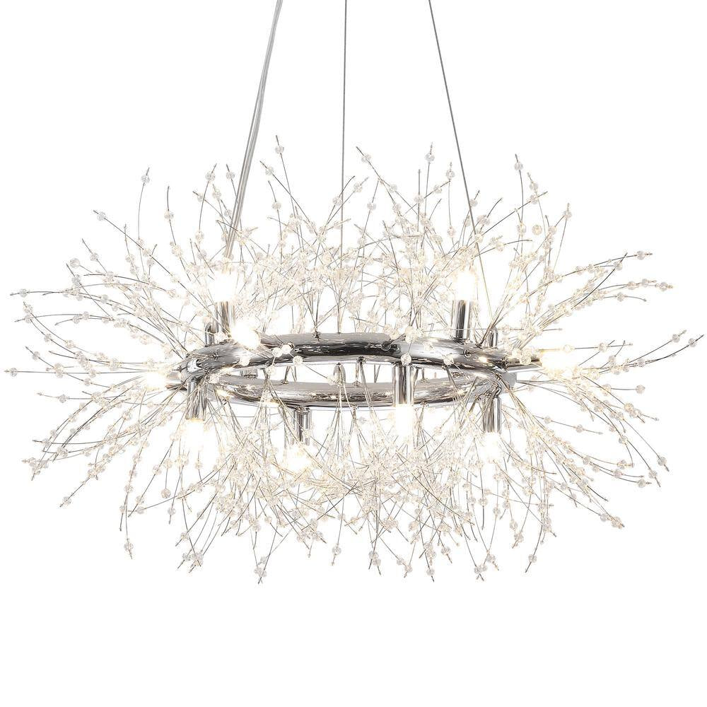 12-Light Chrome Modern Dandelion Crystal Chandelier for Dining Room and Living Room