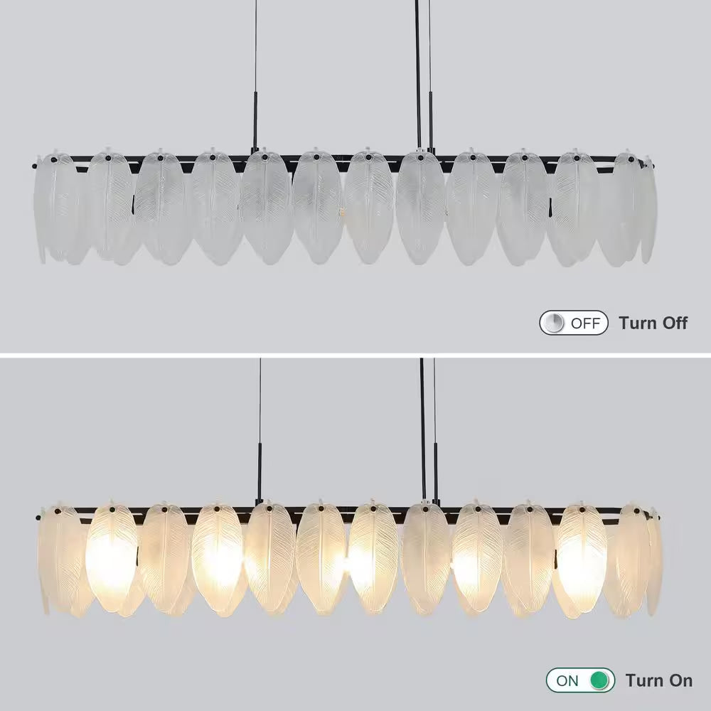 5-Light Black and Frosted Glass Leaf Linear Chandelier for Kitchen Island Dining Bedroom Living Room Foyer