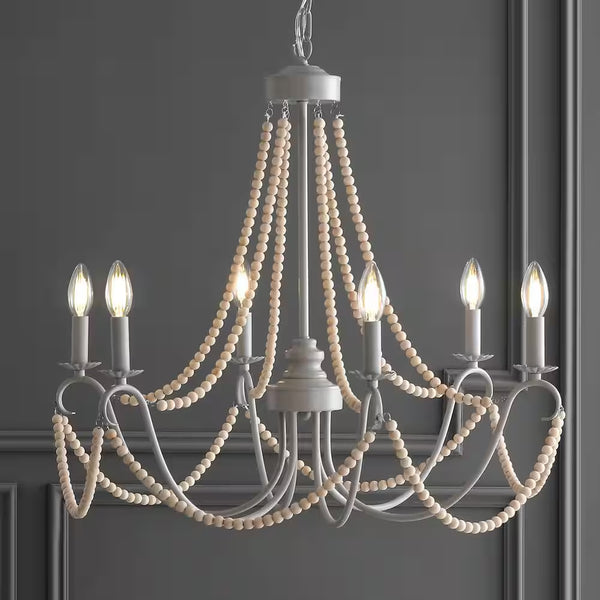 Rustica 6-Light 27 In. Grey/Natural Adjustable Greige Metal/Wood Bead LED Chandelier