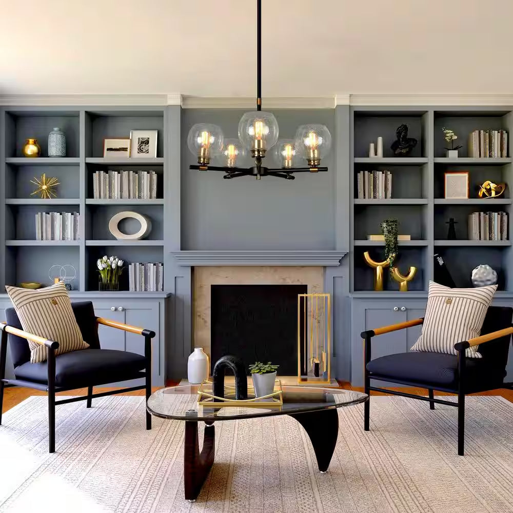 Transitional Sputnik Dining Room Chandelier 5-Light Modern Black and Gold Candle Chandelier with Seeded Glass Shades