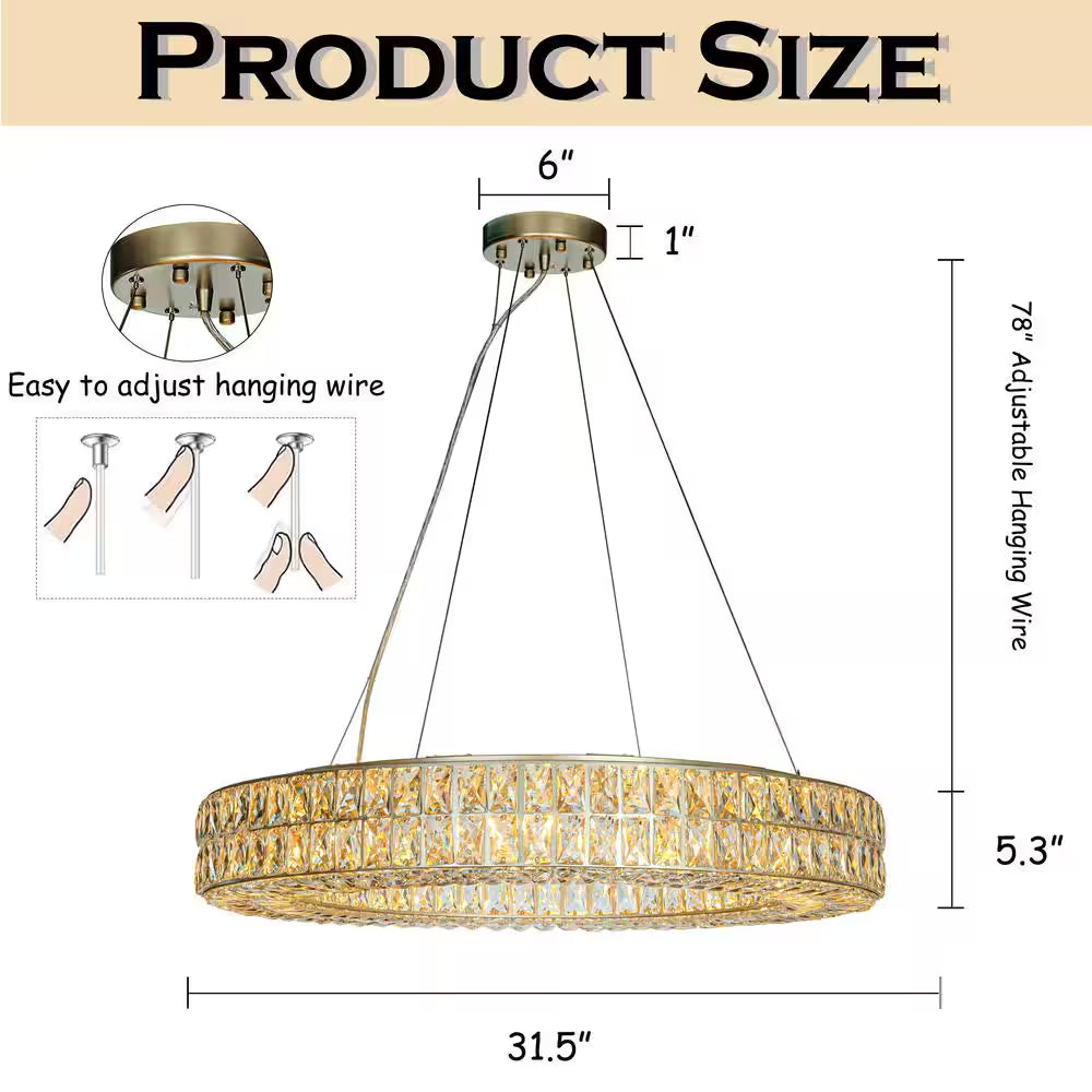 12-Light 31.5 In. W Modern and Contemporary Lighting Soft Gold Crystal Ring Chandelier for Dining Room