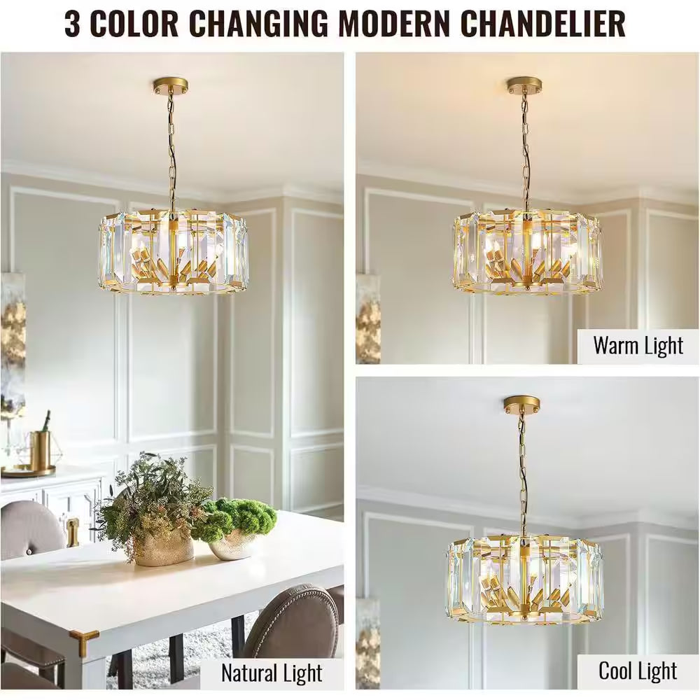 19.7 In. 5-Light Gold Crystal Drum Chandelier Modern Pendant Light for Dining Room, Living Room, Kitchen