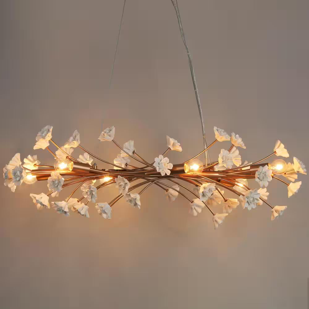 Modern Gold Bedroom Kitchen Chandelier Light, 32 In. 6-Light Linear Dining Room Hanging Light with White Ceramic Flowers