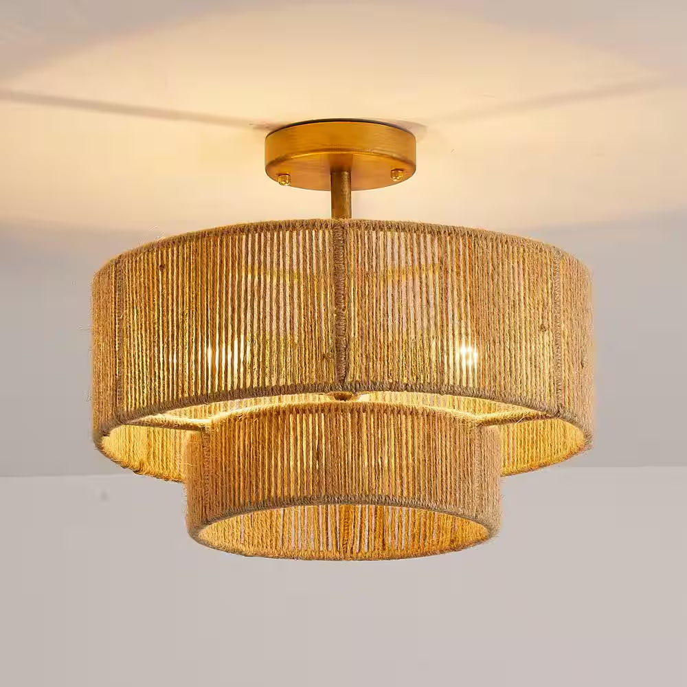 15.4 In. 3-Light Bohemian Antique Gold Two-Tier Drum Semi- Flush Mount with Natural Jute Rope Shade