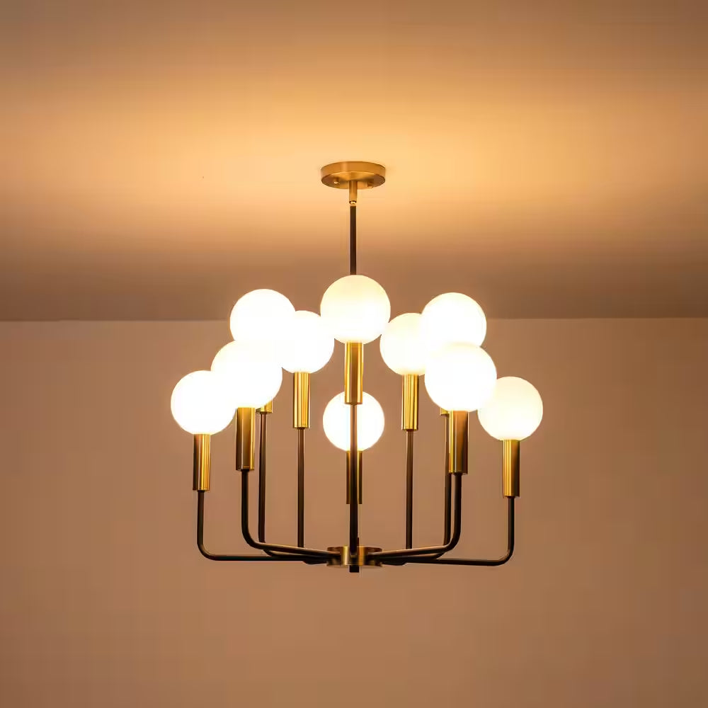 Aaron 10-Light Modern Transitional Black and Gold Uplight Frosted Glass Globe Chandelier