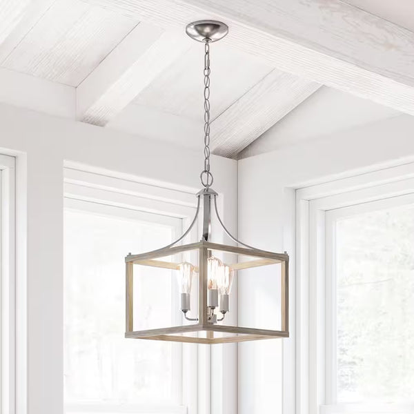 Boswell Quarter 14 In. 3-Light Brushed Nickel Farmhouse Square Chandelier with Painted Weathered Gray Wood Accents