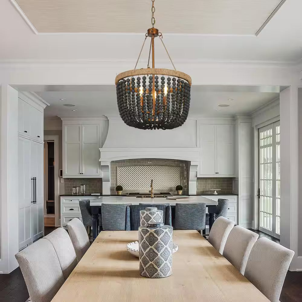 Modern Farmhouse Empire Drum Beaded Chandelier Light, 3-Light Gold Transitional Boho Chandelier with Black Wood Beads