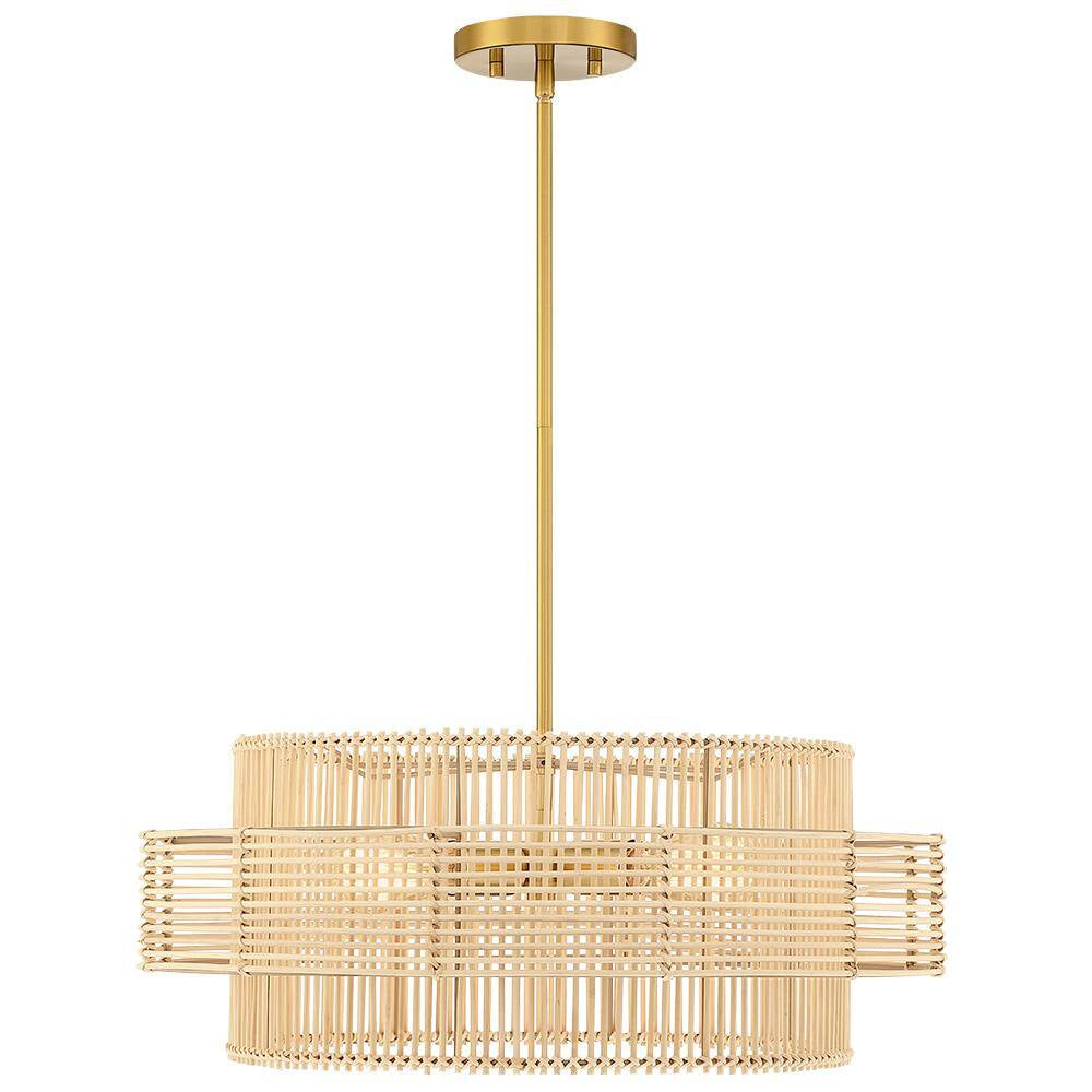 Saturn 22 In. 4-Light Brass Modern Bohemian Chandelier with Natural Rattan Shade