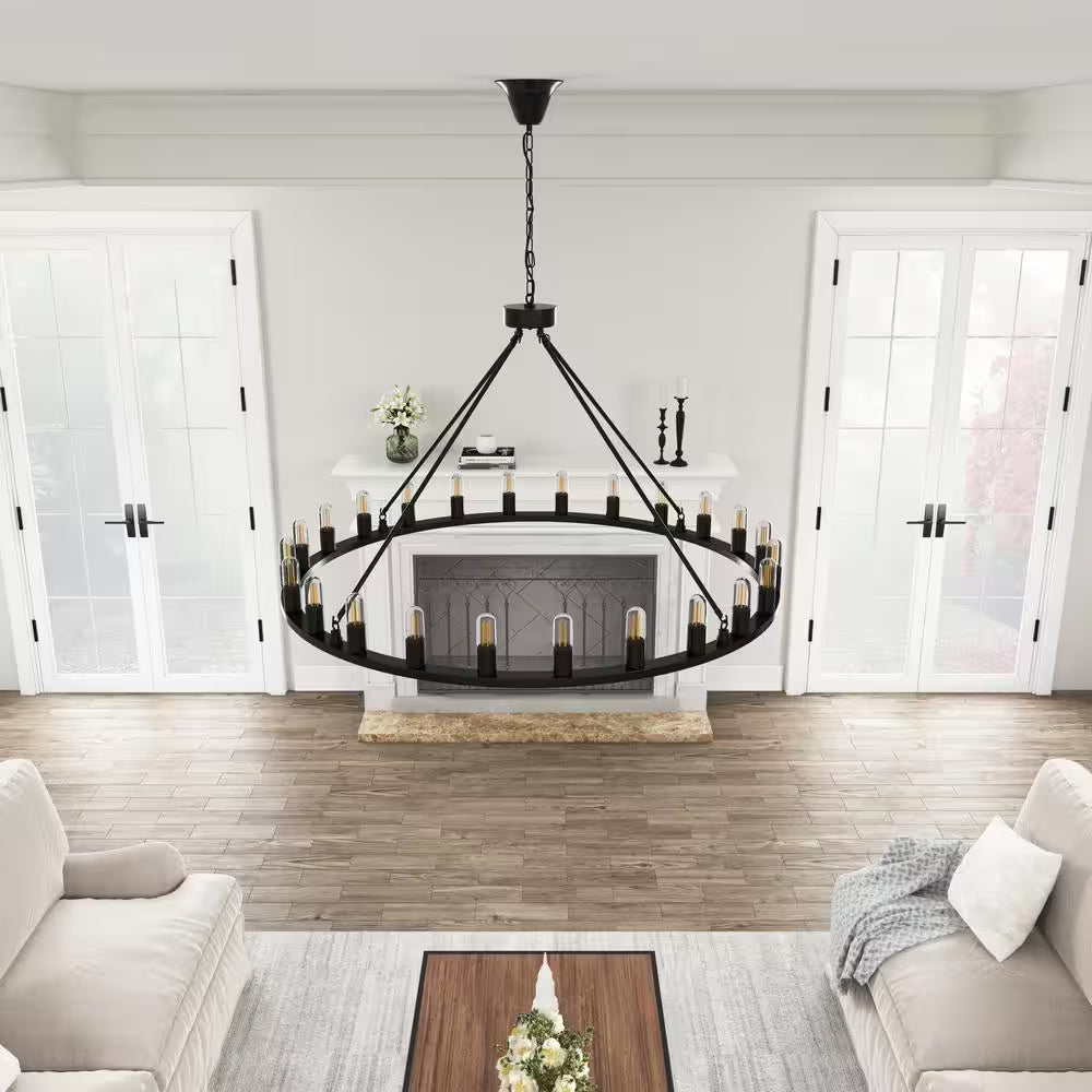 Industrial 24-Light Vintage Black Wagon Wheel Chandelier