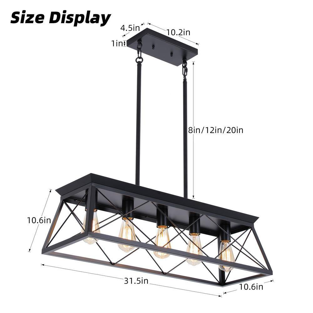 Industrial Series 5-Light Chandelier, Matte Black Finish, Modern Shape, Suitable for Living/Dining Room