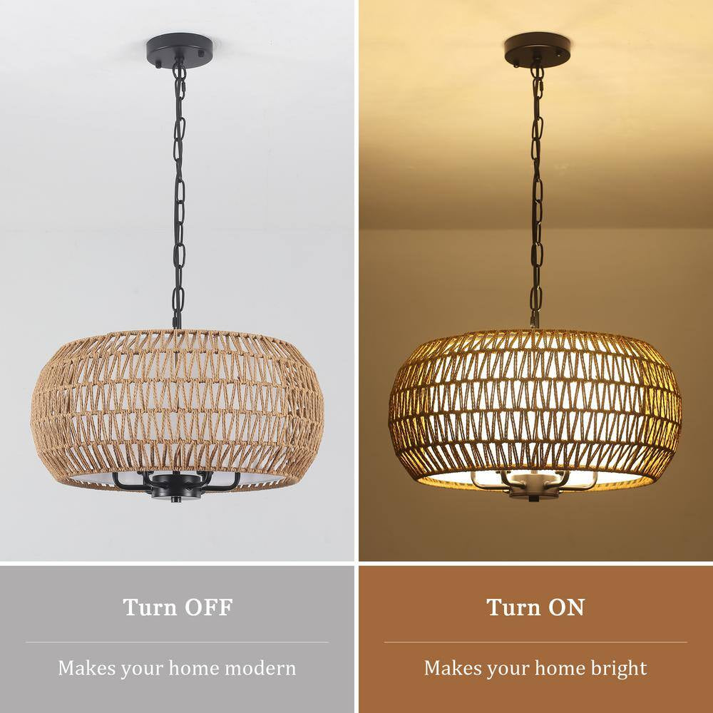 6-Light Black Bohemian Drum Chandelier with Straw Woven Shade for Kitchen Island