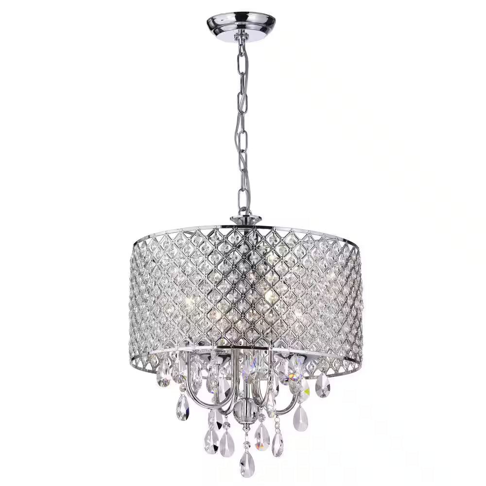 Marya 4-Light Modern Chrome round Chandelier with Beaded Drum Shade /Hanging Clear Glass Crystals
