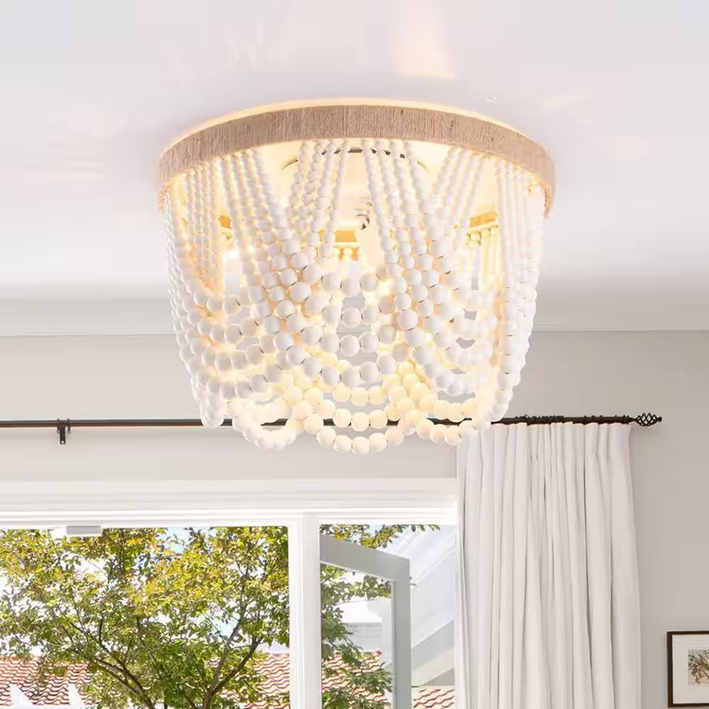 12.6 In. 3-Light Antique Rustic White Flush Mount Bohemia Wood Beaded Ceiling Light Mini Chandelier