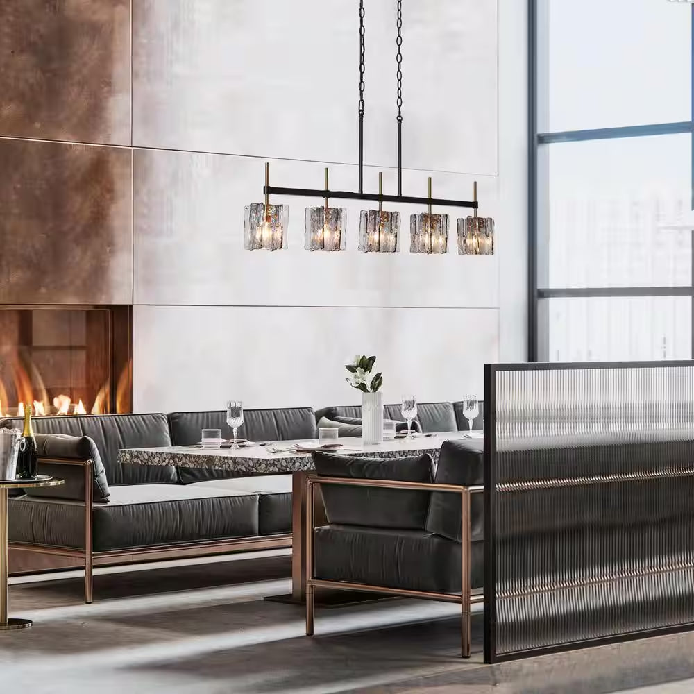 Echonalyri Modern 5-Light Glam 35.4 In. W Black and Brass Island Chandelier with Geometric Gray Textured Glass Shades