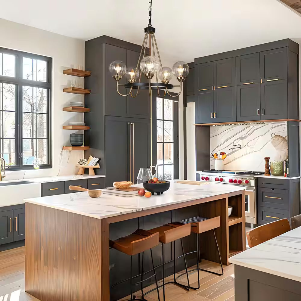 5-Light Brass Chandelier Lighting, Sputnik Pendant Lights for Kitchen Island, Modern Black Chandelier with round Glasses