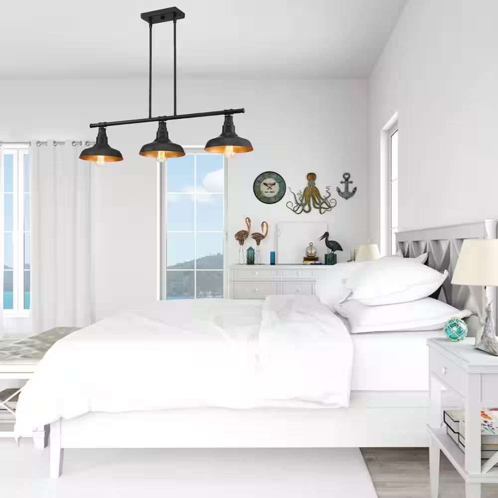 3-Light Black Industrial Island Chandelier with Metal Shade