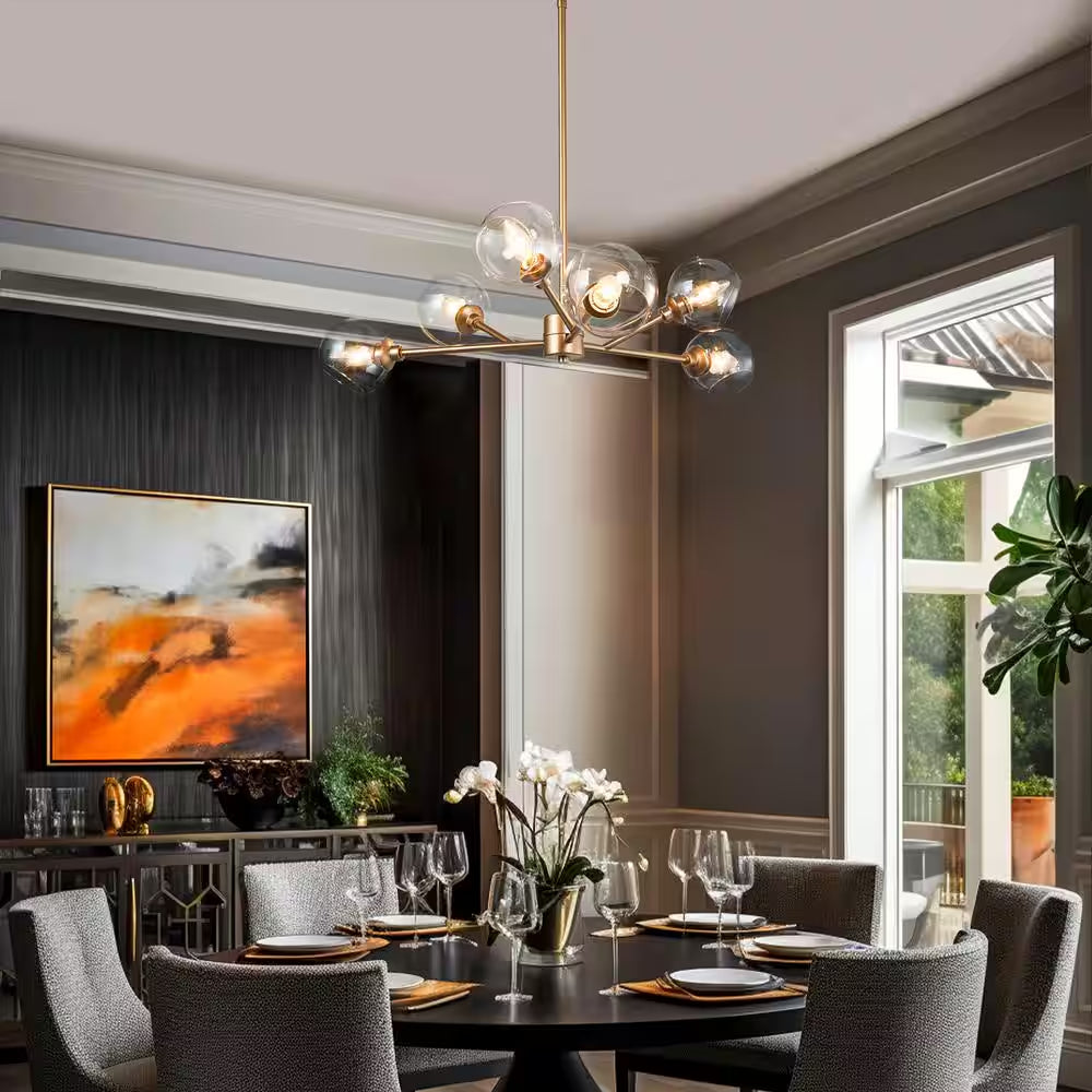 Modern Gold Dining Room Chandelier, Bubble 31.5 In. 6-Light Farmhouse Sputnik Bedroom Chandelier with Clear Glass Shades