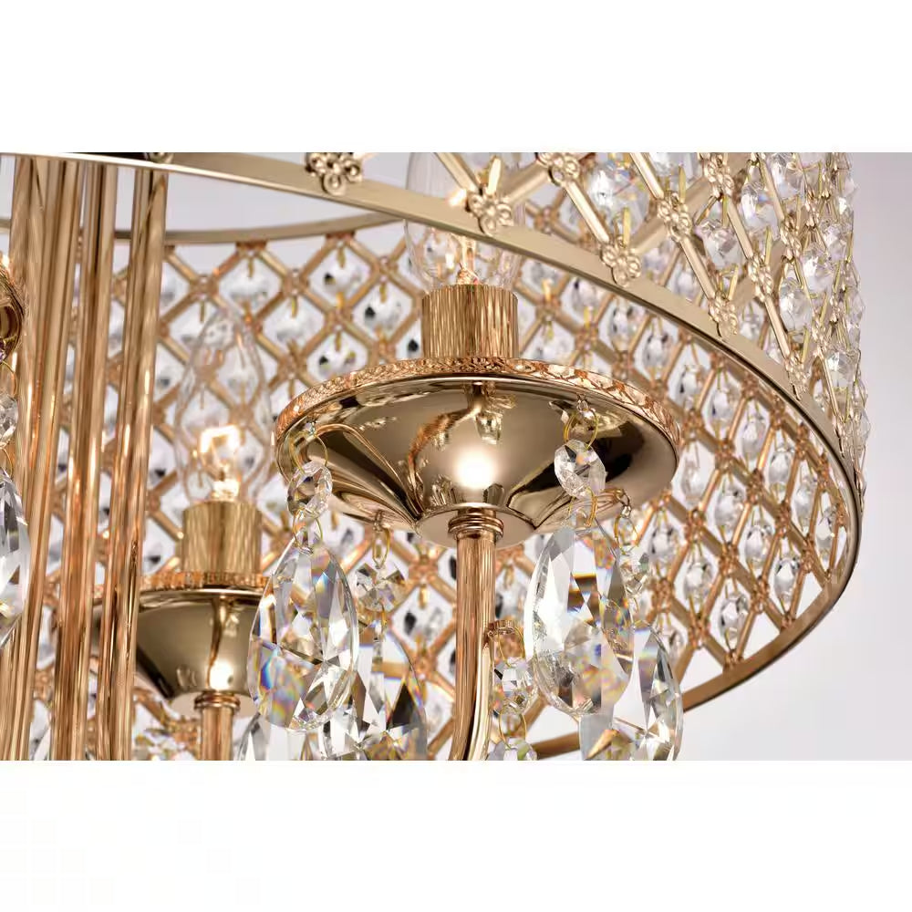 Marya 4-Light Modern Gold round Chandelier with Beaded Drum Shade /Hanging Clear Glass Crystals