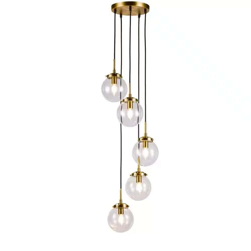 5-Light Modern Antique Gold Staircase Chandelier Clear Globe Bubble Glass Foyer Pendant