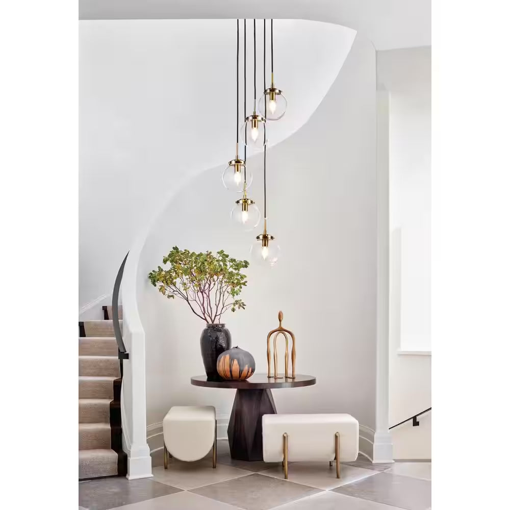 5-Light Modern Antique Gold Staircase Chandelier Clear Globe Bubble Glass Foyer Pendant