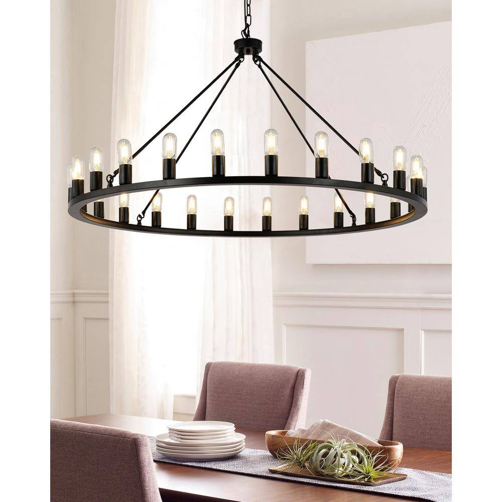 Industrial 24-Light Vintage Black Wagon Wheel Chandelier