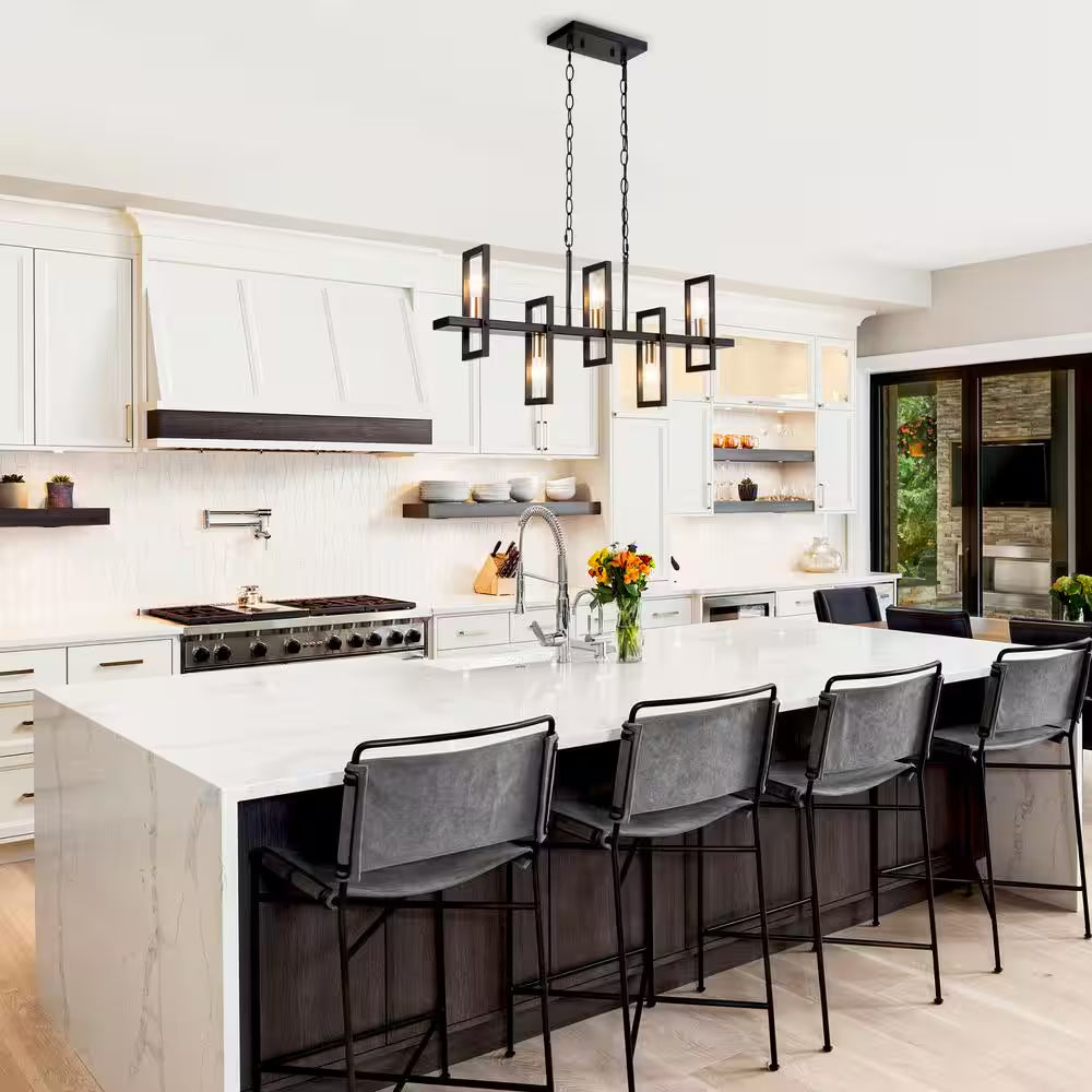 Modern Rectangle Dining Table Chandelier Transitional 5-Light Black and Brass Kitchen Island Candlestick Chandelier
