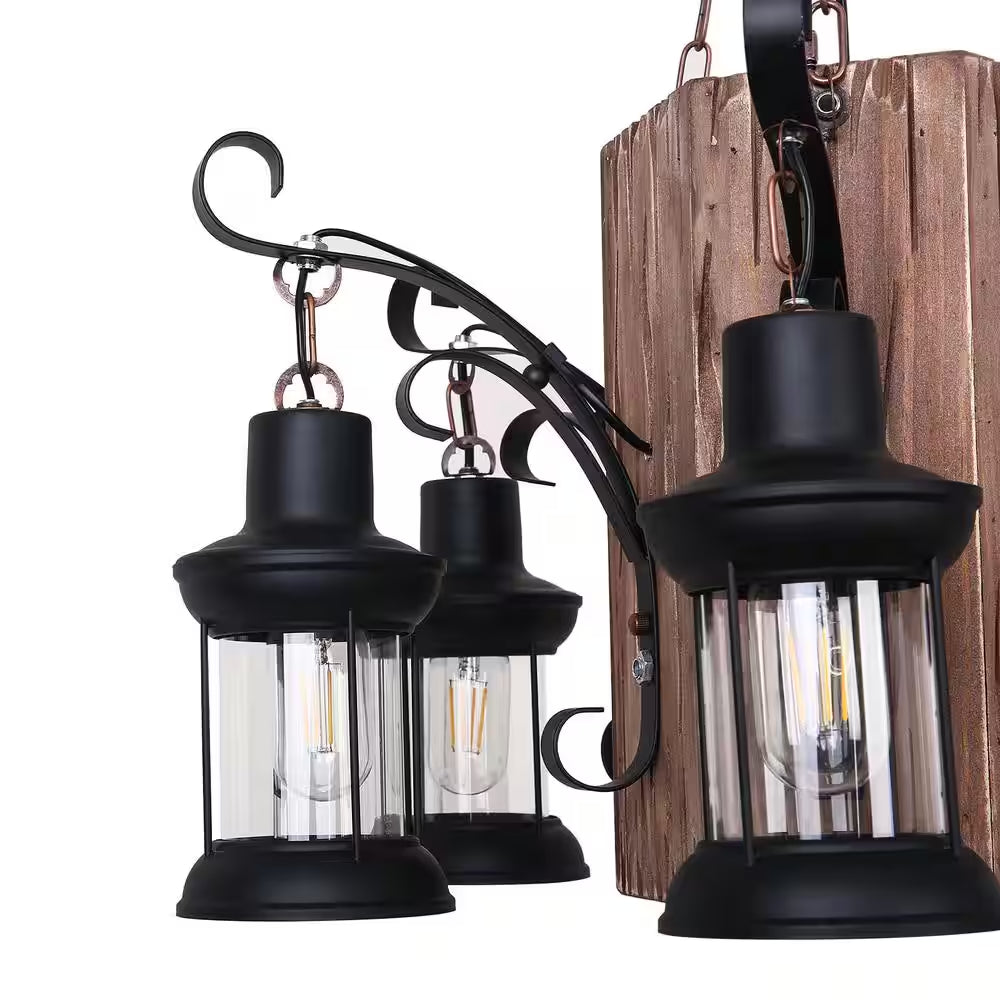 23 In. 6-Light Black Retro Rustic Wooden Chandelier for Dining Room, No Bulbs Included
