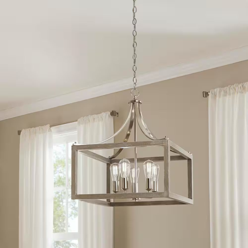 Boswell Quarter 14 In. 3-Light Brushed Nickel Farmhouse Square Chandelier with Painted Weathered Gray Wood Accents