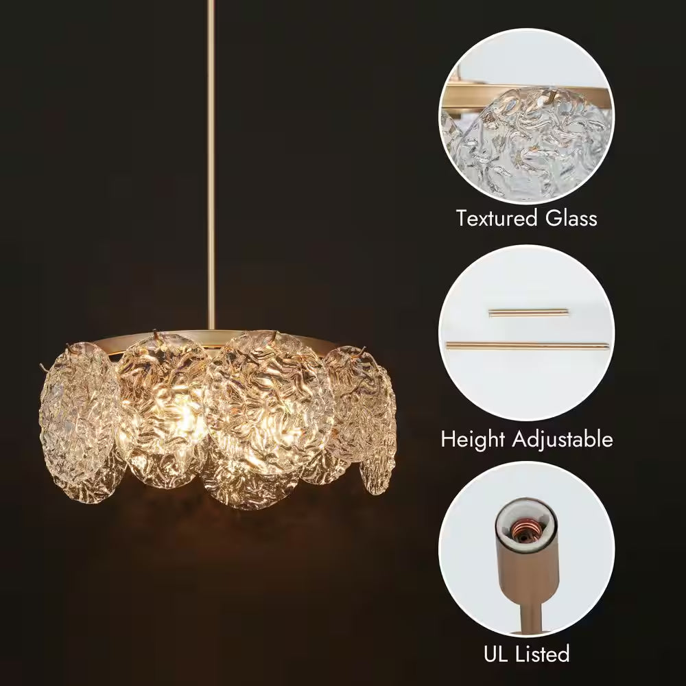 Wavelet 5-Light Dark Gold round Chandelier Lighting, Mid-Century Modern Pendant Light with Water Ripple Glass Shade