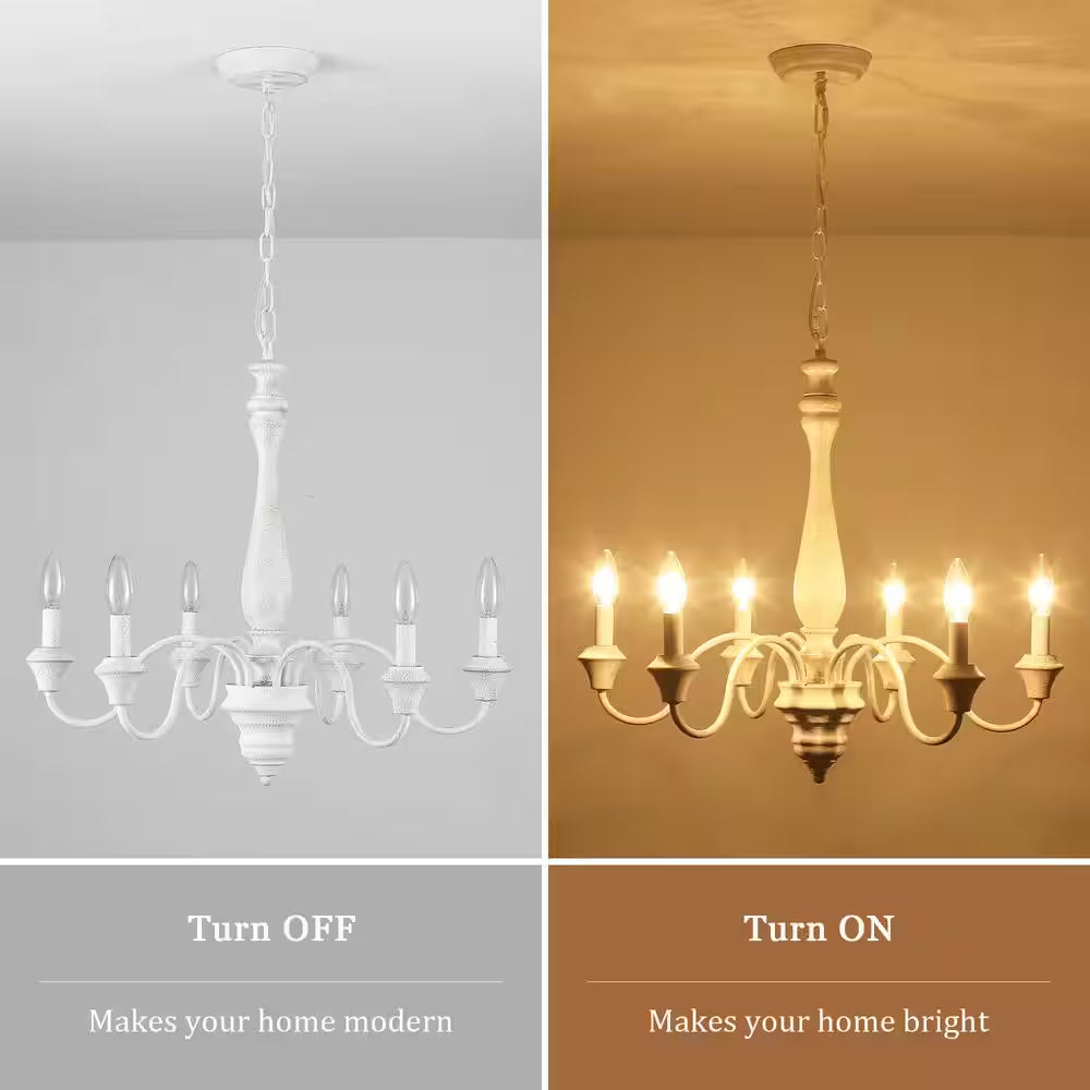 6-Light Distressed White Classic Chandelier for Dining Room Candle Light Fixture