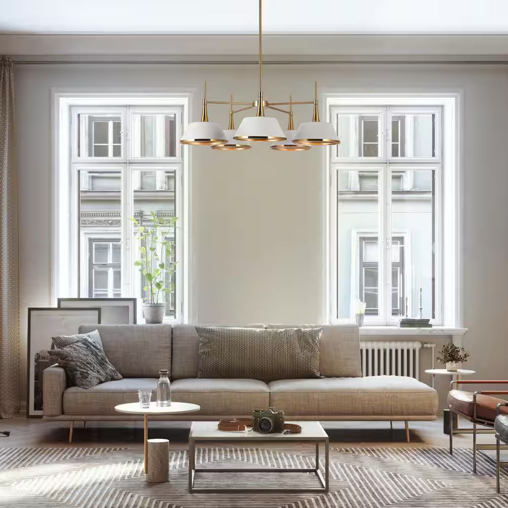 Modern 5-Light Matte White and Plated Brass Chandelier Contemporary Island Ceiling Light with Bell Shade for Living Room
