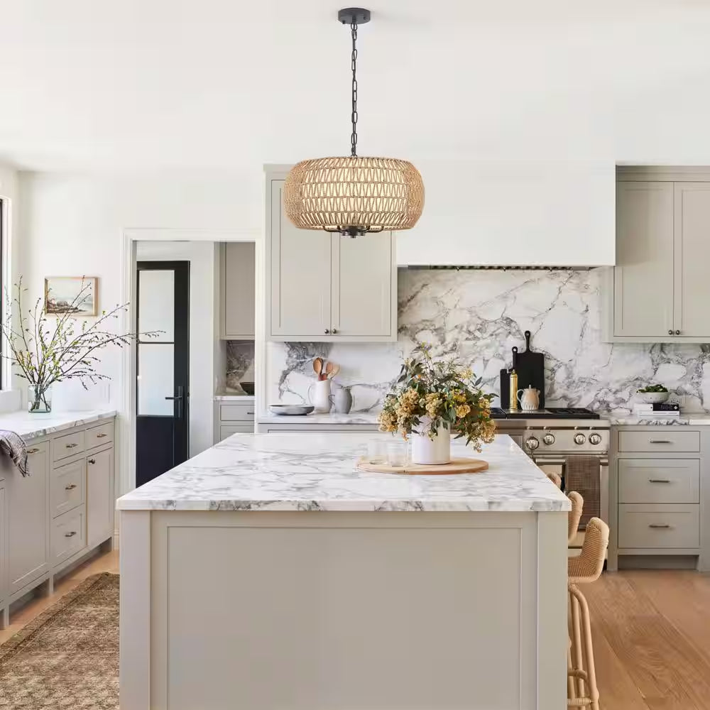 6-Light Black Bohemian Drum Chandelier with Straw Woven Shade for Kitchen Island