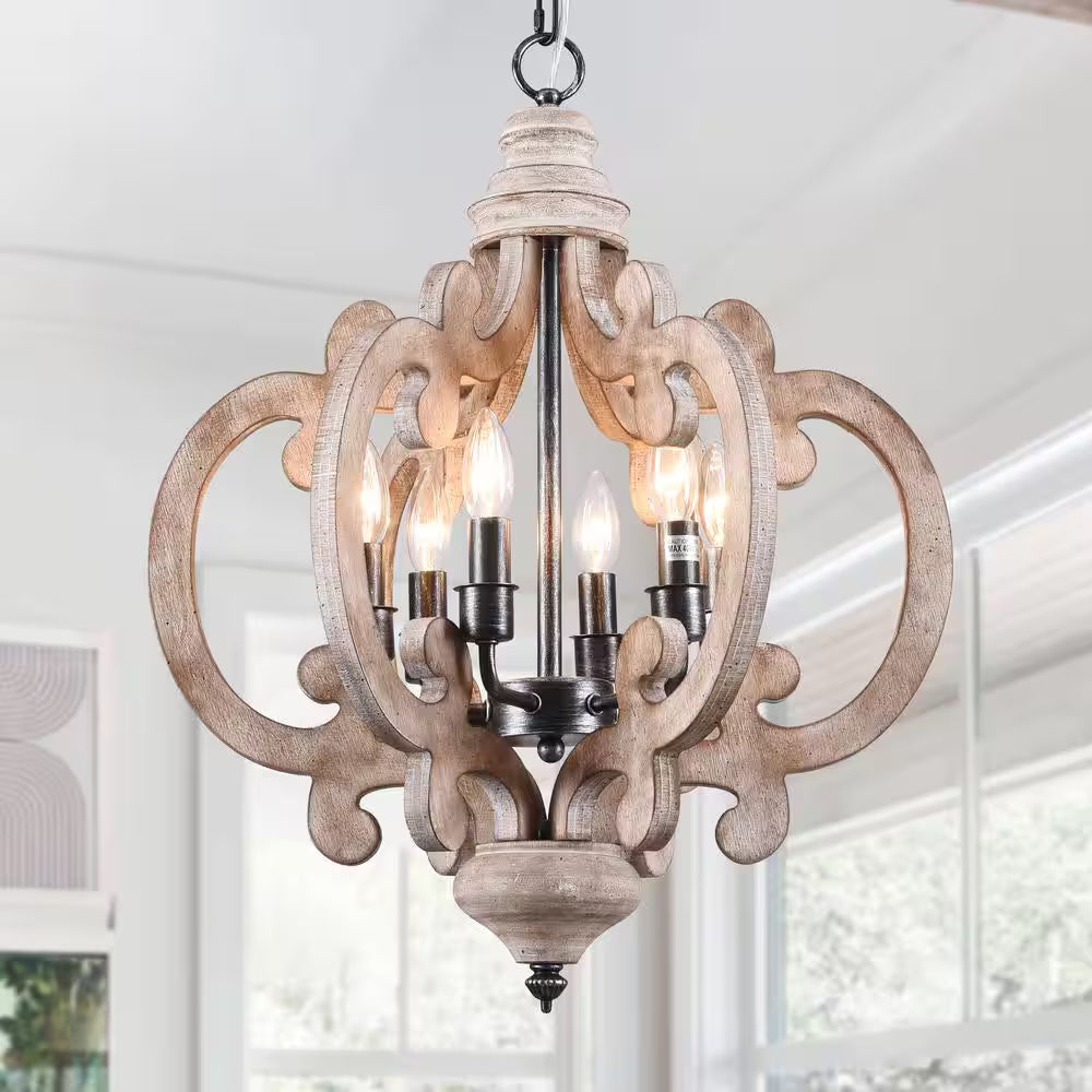 Voitto Cottage Chic Crown 6-Light Weathered Wood Chandelier, Farmhouse Wooden Pendant Light