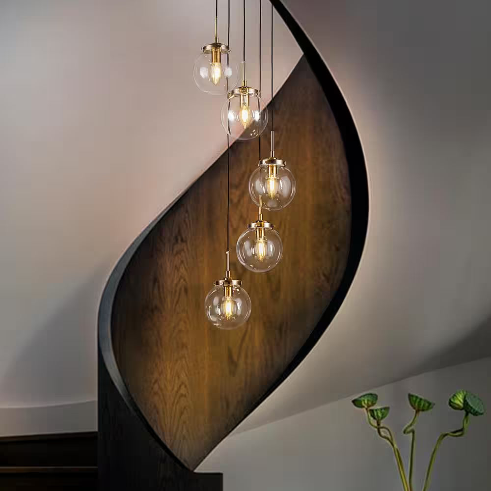 5-Light Modern Antique Gold Staircase Chandelier Clear Globe Bubble Glass Foyer Pendant