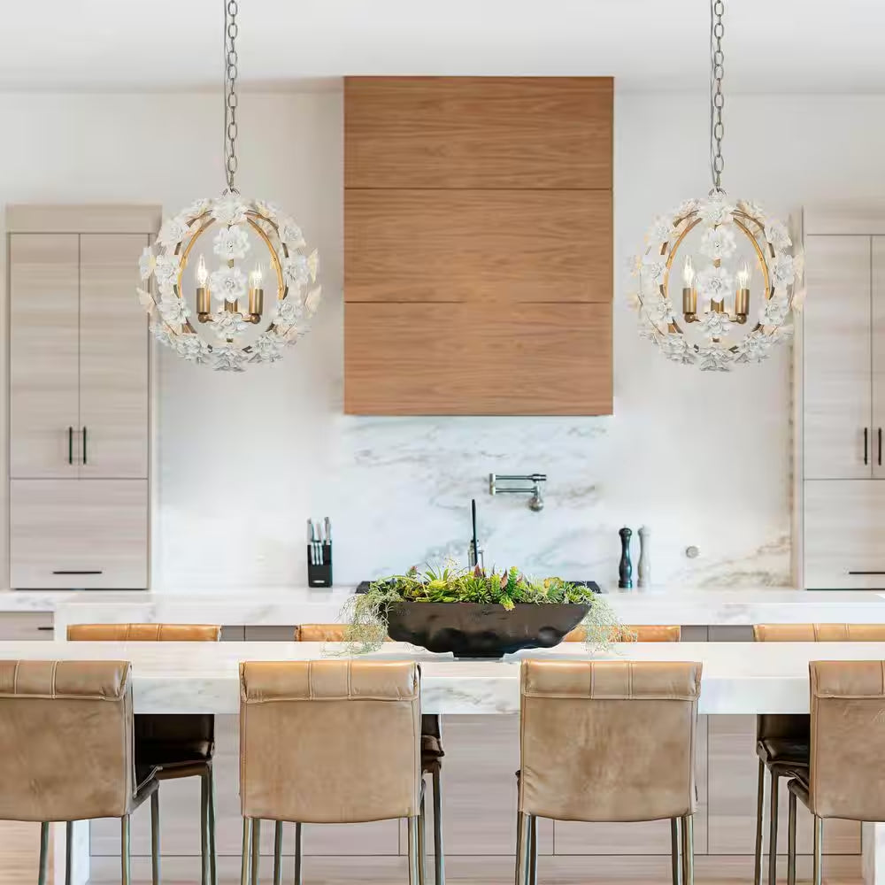 3-Light Gold Globe Chandelier with White Ceramic Flowers