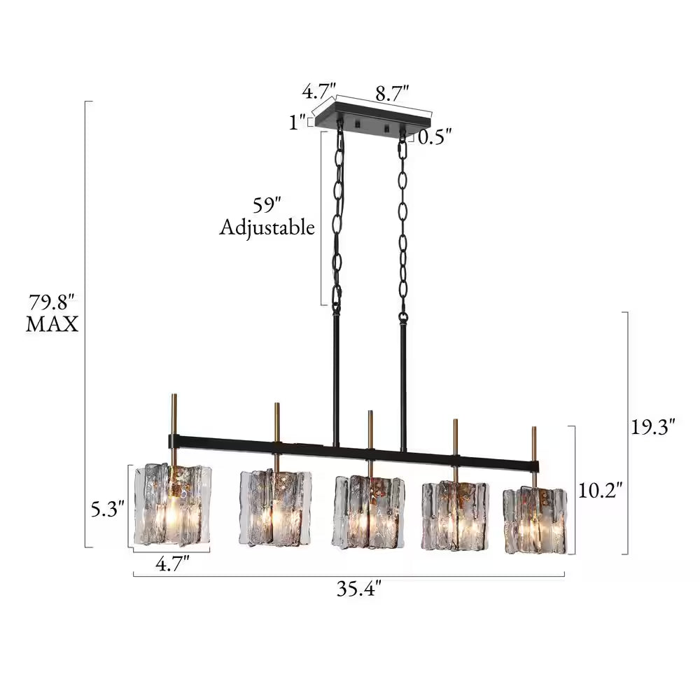 Echonalyri Modern 5-Light Glam 35.4 In. W Black and Brass Island Chandelier with Geometric Gray Textured Glass Shades