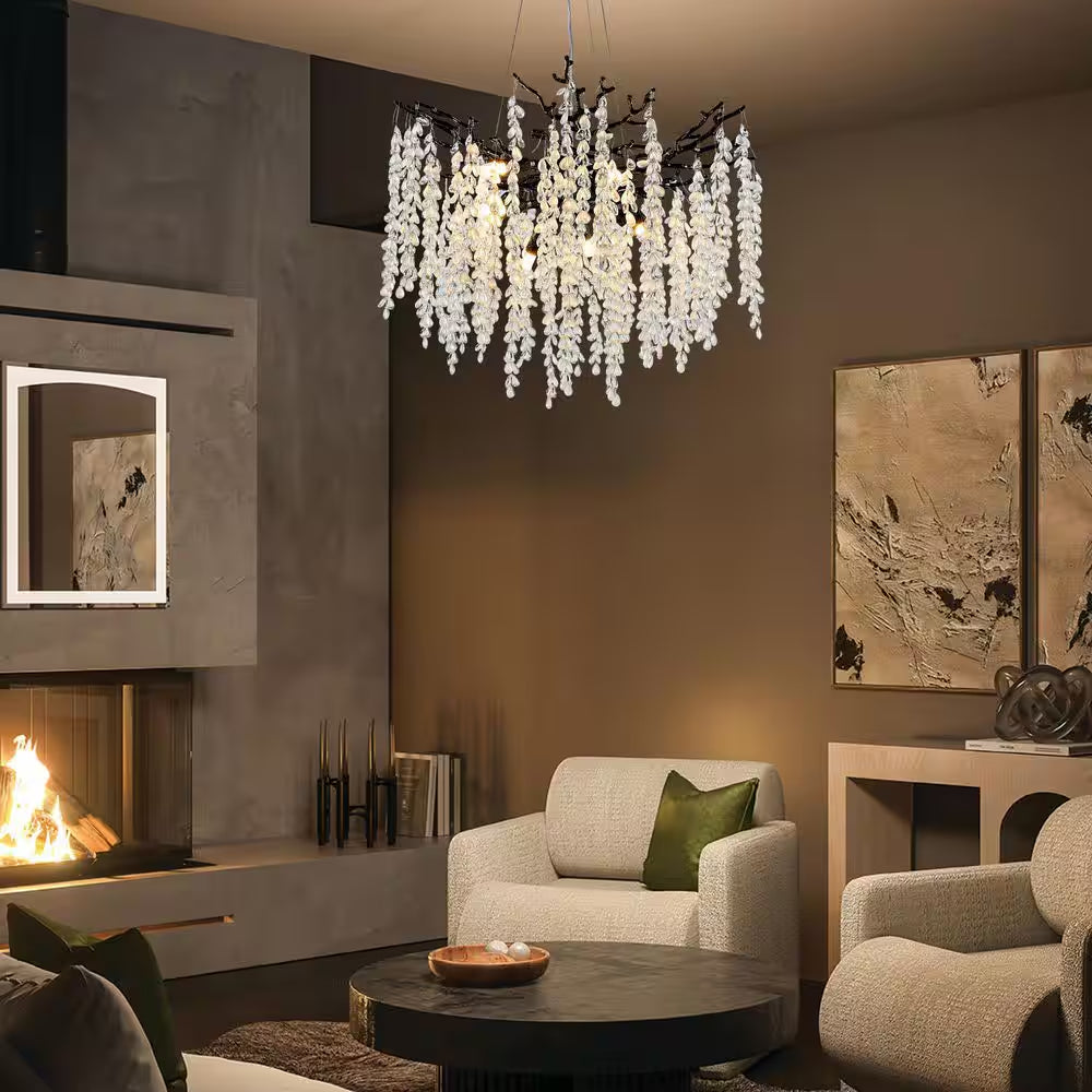 24" 8-Light Modern Crystal Chandelier Black Tree Branch round Chandelier for Dining Room, Living Room, Bedroom, Entryway