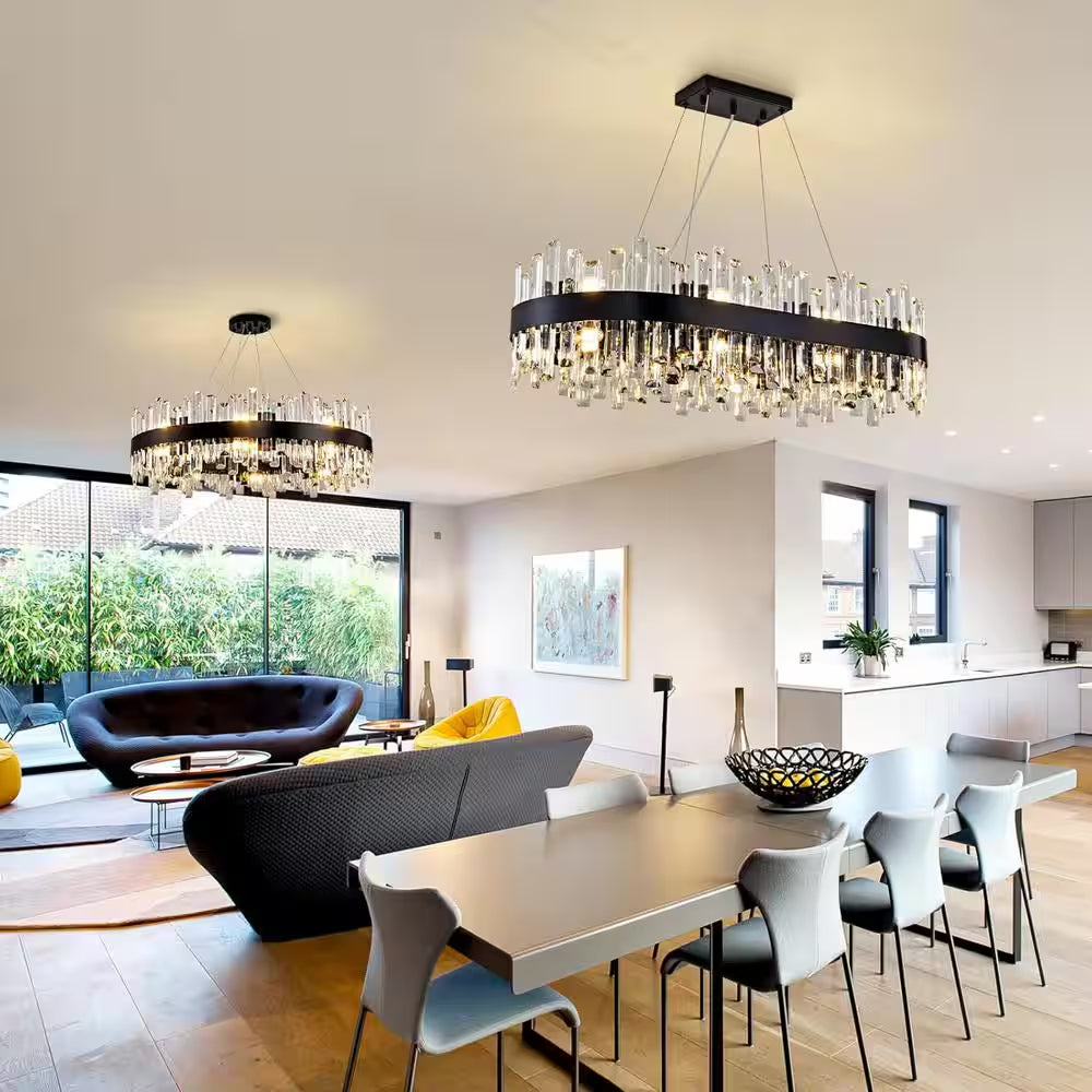 31.5 In. 16-Light Black Crystal Chandelier, Modern round K9 Crystal Hanging Pendant Ceiling Light Fixture