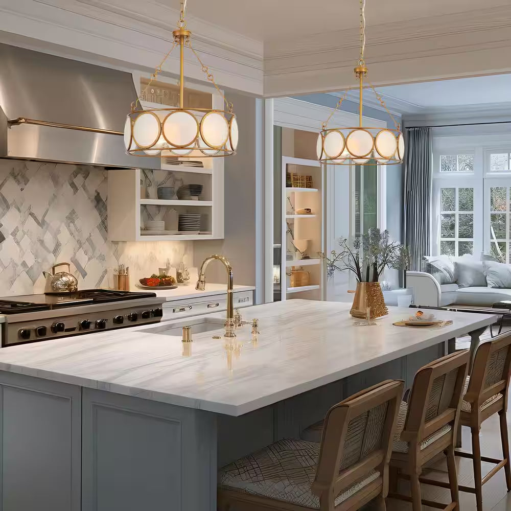 3-Light Antique Gold Modern Pendant Light, Frosted Glass round Chandelier, Transitional Dining Room Drum Chandelier