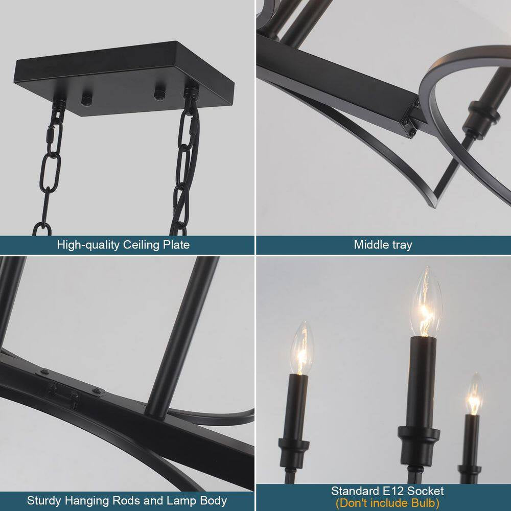 Industrial 8-Light Black Linear Classic-Candle-Style Chandelier for Kitchen Island with No Bulbs Included