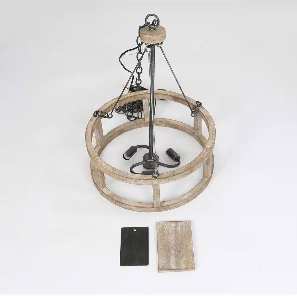 Drum Wood Chandelier, Rustic 3-Light Brown Caged Chandelier round Island Pendant Light Farmhouse Chandelier