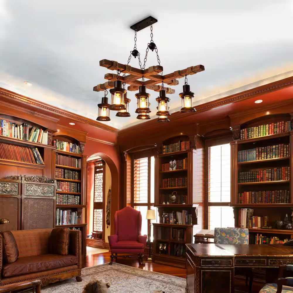 39 In. 8-Light Vintage Industrial Brown Wooden Farmhouse Chandelier