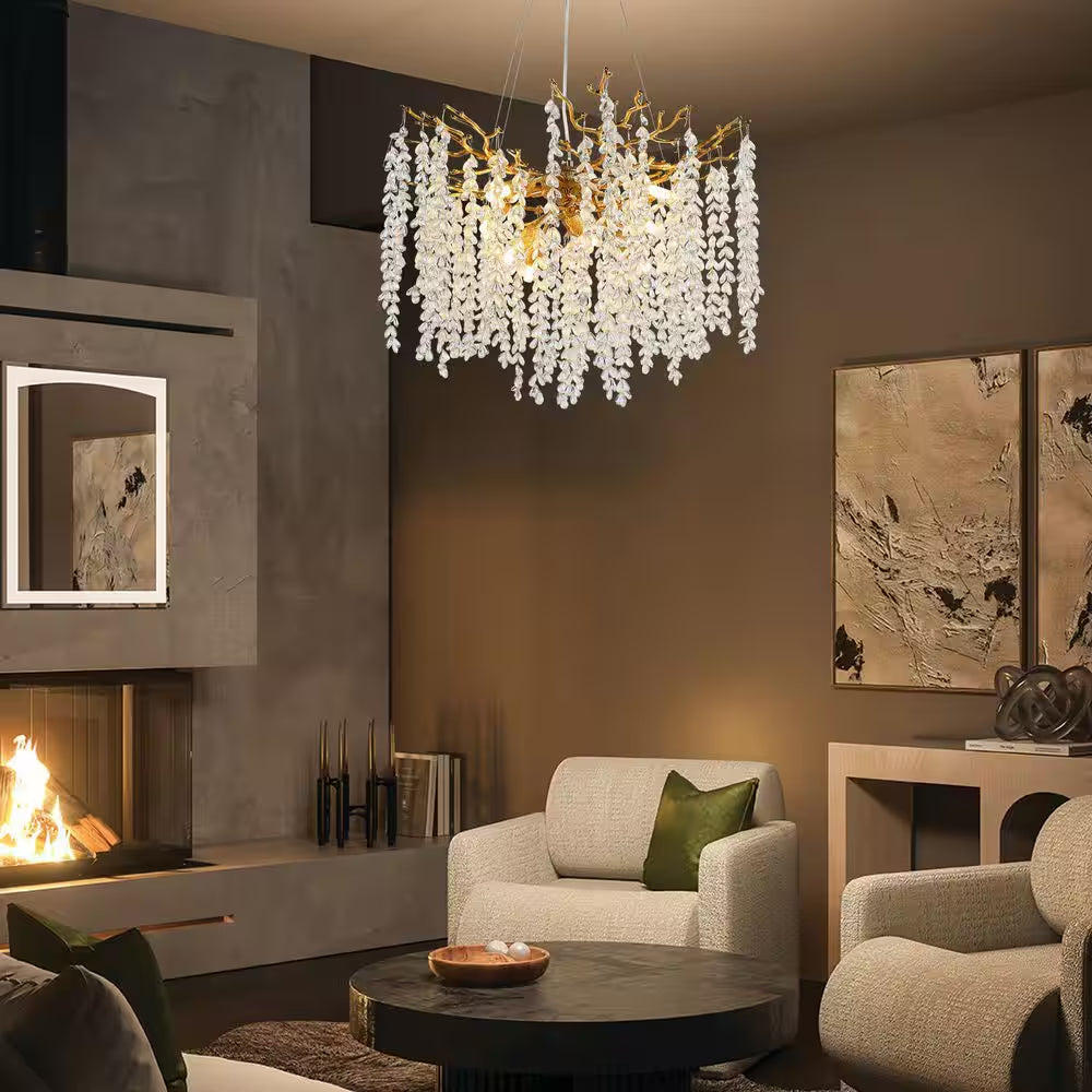 24" 8-Light Modern Crystal Chandelier, Gold Tree Branch round Chandelier for Dining Room, Living Room, Bedroom, Entryway