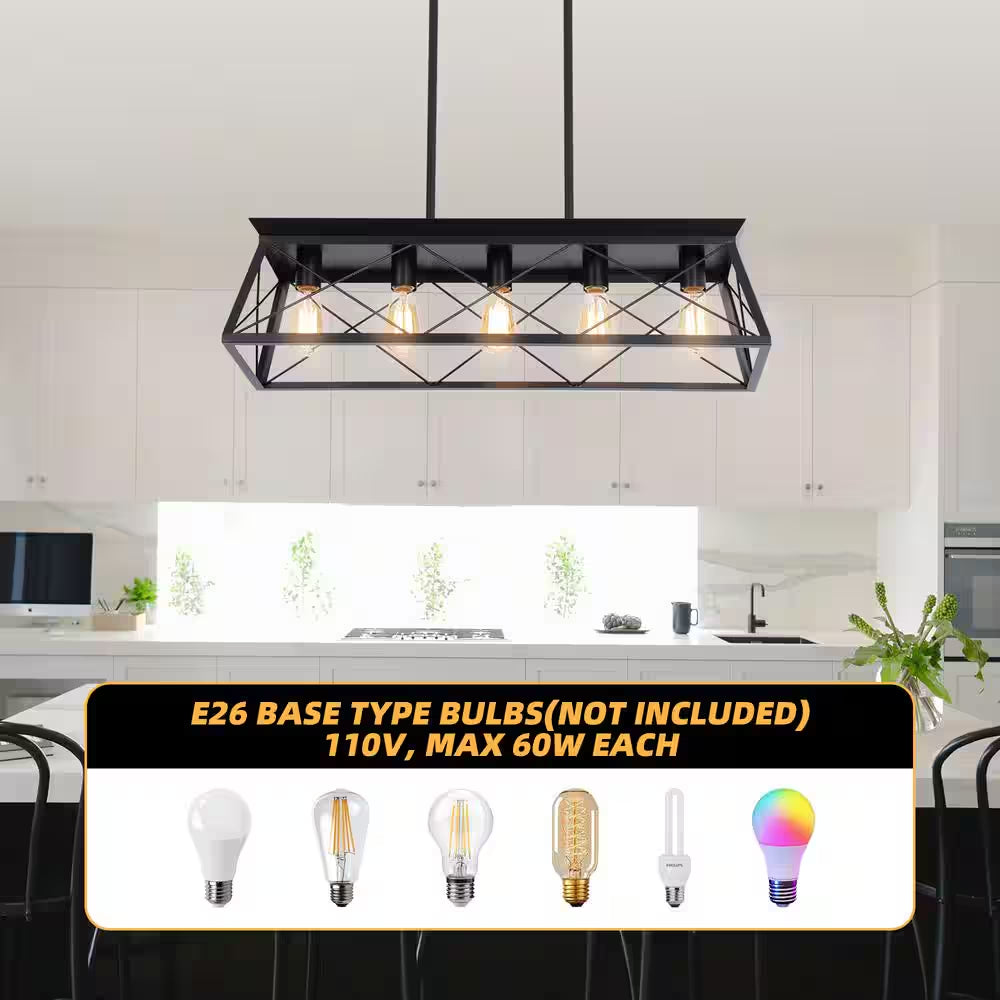 Industrial Series 5-Light Chandelier, Matte Black Finish, Modern Shape, Suitable for Living/Dining Room