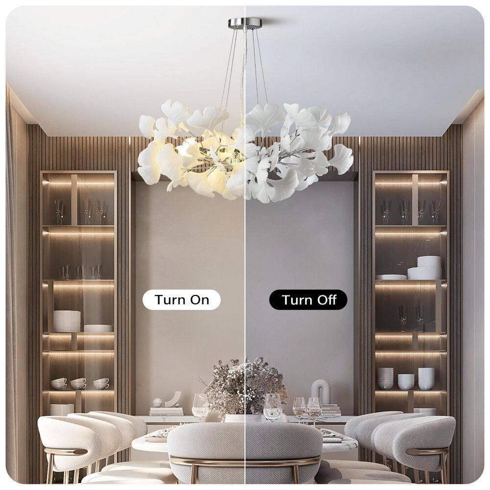 6 Light Silver Chandelier, Luxury Ginkgo Branch Chandelier for Living Room, Dining Room, Foyer, Kitchen Island-L31 In.