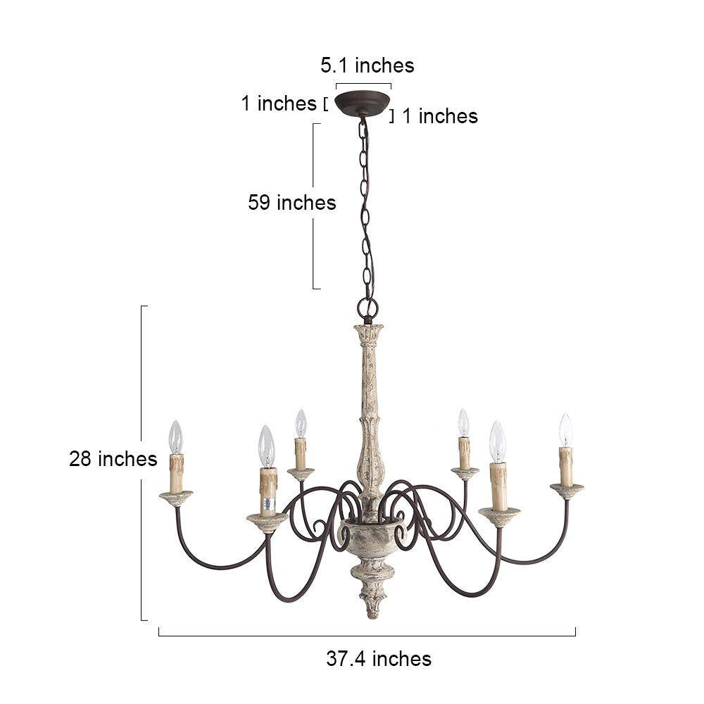 37 In. W Wood Candlestick Chandelier 6-Light Distressed White Farmhouse Chandelier Living Room with French Country Flair